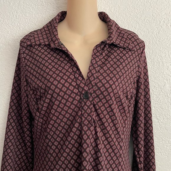 Vintage Y2K BCBG Sheath Shift Print Black Shirt Midi Dress MEDIUM Long Sleeve - Picture 3 of 7